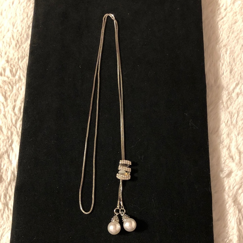 Silver-Tone Pearl Drop Necklace/Bolo with Crystal Slider 34”